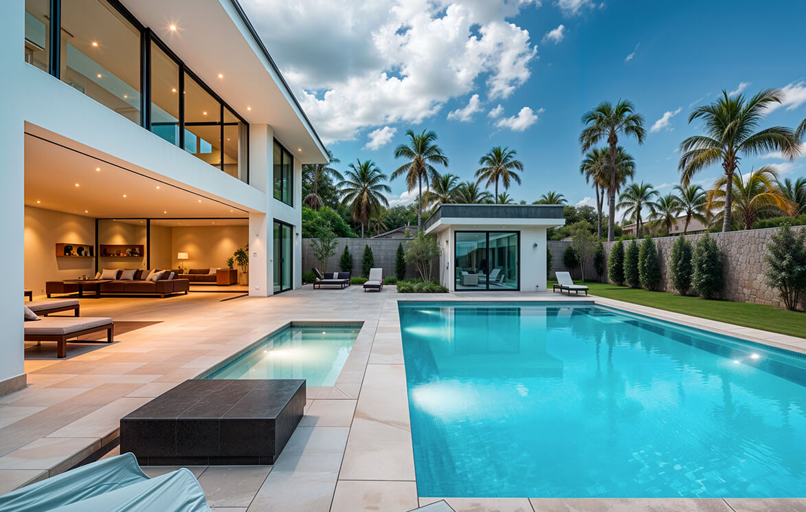 carefully designed backyard with a pool and a detached ADU